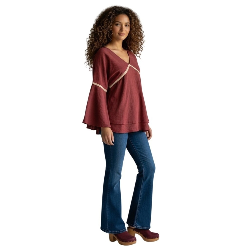 Listicle V-Neck Layered Long Bell Sleeves Small Boho Lace Trim Top 70s Retro NEW